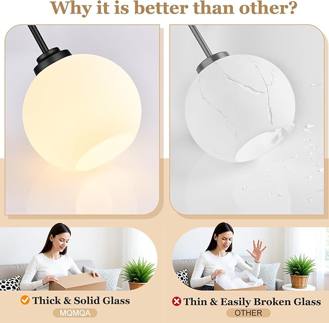 2 Pack 7.2-Inch Globe Pendant Lights, Mid Century Matte Black Pendant Light Fixtures, Globe Pendant Lights Kitchen Island with Milk Glass Shade Hanging Fixture for Dining Room Bulbs not Included