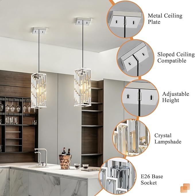 Chrome Pendant Lights Kitchen Island, Adjustable Modern Pendant Light Fixtures 1 Pack, Mini Crystal Chandeliers for Dining Room Bedroom Foyer Hallway