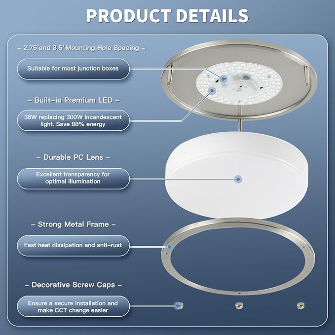 36W 12Inch LED Ceiling Light Fixtures, Flush Mount Light Fixtures, 5CCT 2700K 3000K 4000K 5000K 6500K, Close to Ceiling Light for Kitchen Bathroom Kitchen Bedroom, Super Bright 3800LM, Nickel, 2 Packs