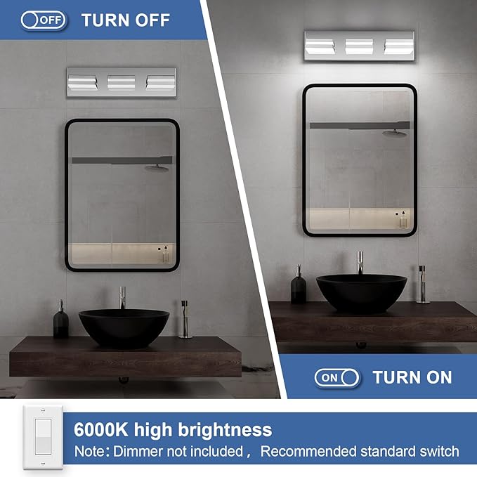 Modern LED Small Bathroom Lights Fixtures 3-Light,Stainless Steel Chrome Acrylic Wall Lighting,Vanity Lights for Bathroom Over Mirror 6000K 16in