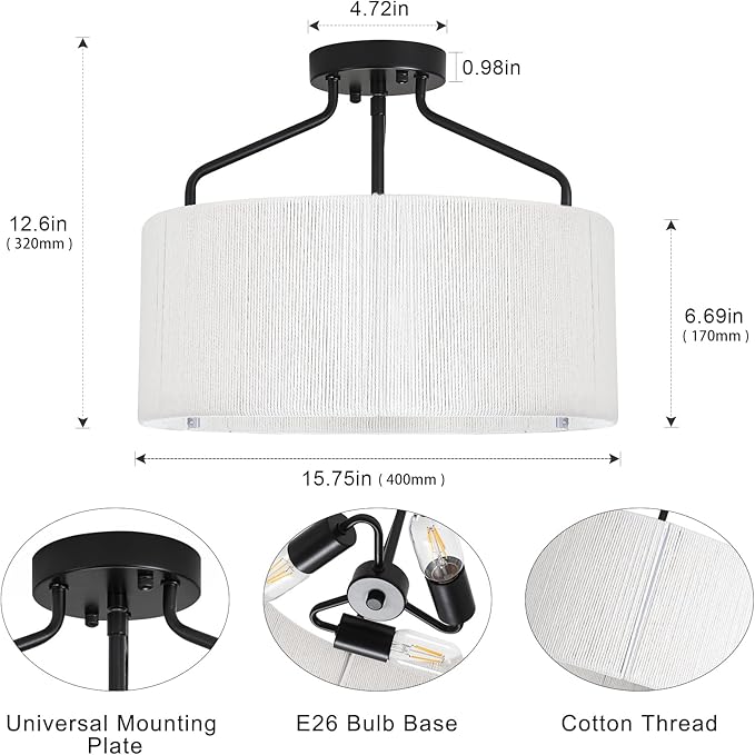 Rattan Black Ceiling Light Fixtures Flush Mount 3 Lights Boho Semi Flush Mount Ceiling Light with Shades White Drum Chandelier Close To Ceiling Light for Bedroom Living Room Kitchen Hallway Entryway