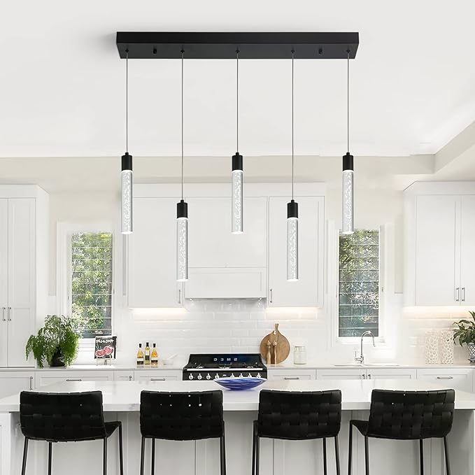 5 Black Pendant Lights Kitchen Island Modern with Adjustable Height - Clear Cylinder Island Lights, 3000-6000K Dimmable Kitchen Pendant Lighting for, Dining Room, Bar Counter