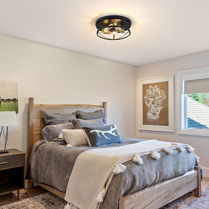 Farmhouse Light Fixtures, Black and Gold Round Metal Flush Mount Ceiling Light, 3-Light Cage Ceiling Lamp for Kitchen, Foyer, Bedroom, Hallway（Bulbs Not Included）