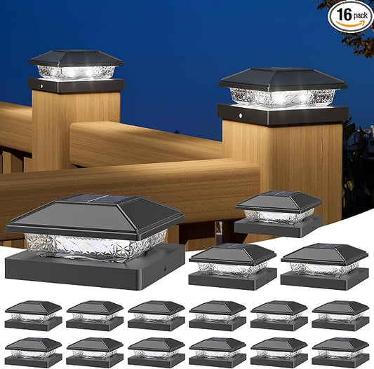 NIORSUN Solar Post Lights Outdoor, Fence Post Solar Lights Cool White, Waterproof, Garden Patio Fence Deck Decor, 4x4 Posts Cap Wood Vinyl, Black 16 Pack