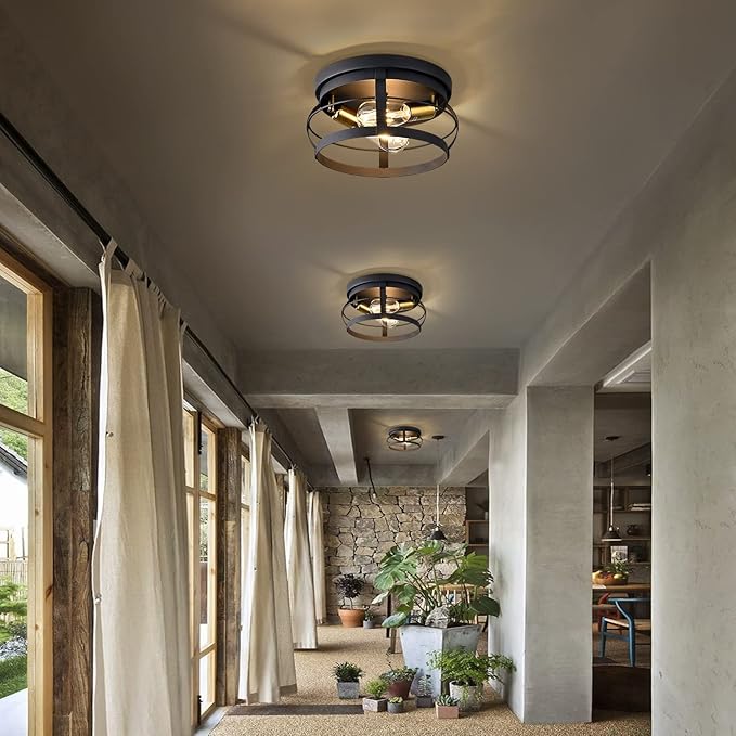 2-Light Farmhouse Flush Mount Ceiling Light,Modern Black Vintage Rustic Industrial Light Fixtures for Kitchen Dining Room Bedroom Hallway Foyer Entryway.