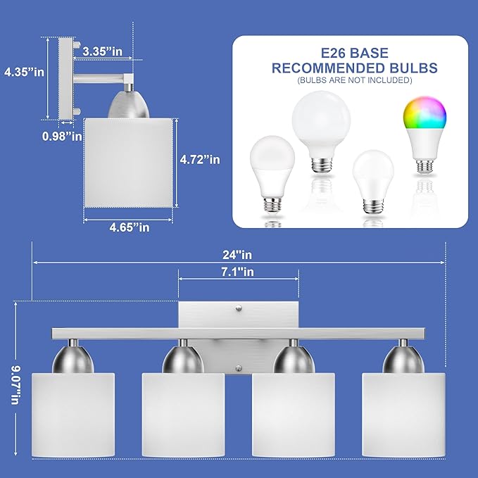 Bathroom Lighting Fixtures Over Mirror, Anti-Rust Vanity Light Fixture for Bathroom, Modern 4-Light Wall Sconce Light for Living Room, E26 Base, Milky White Glass Shades, Bulbs Not Included