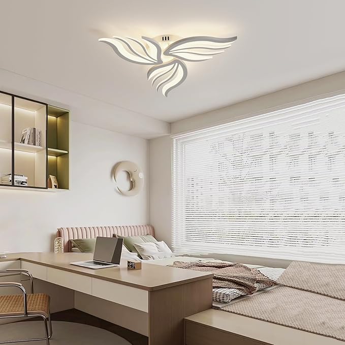 Becailyer LED Ceiling Light, 26.7" Dimmable Modern Flower Shape Ceiling Lamp, 30W Acrylic 3-Petals Flush Mount Ceiling Light Fixtures for Bedroom Dining Room Kitchen, White