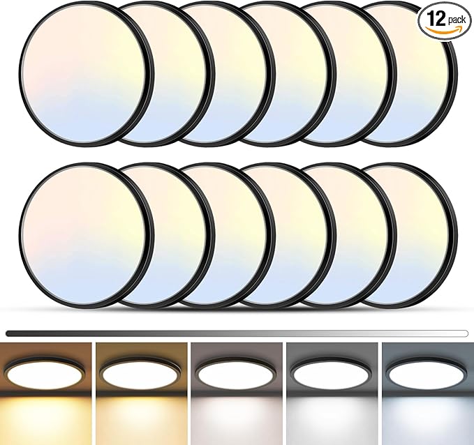zemty 12Pack LED Flush Mount Ceiling Light, 7Inch 15W Dimmable Ceiling Lights Fixture, 5 Color Temperatures (3000K-6500K) Black Round Ceiling Lamp for Bedroom, Kitchen, Hallway,Bathroom