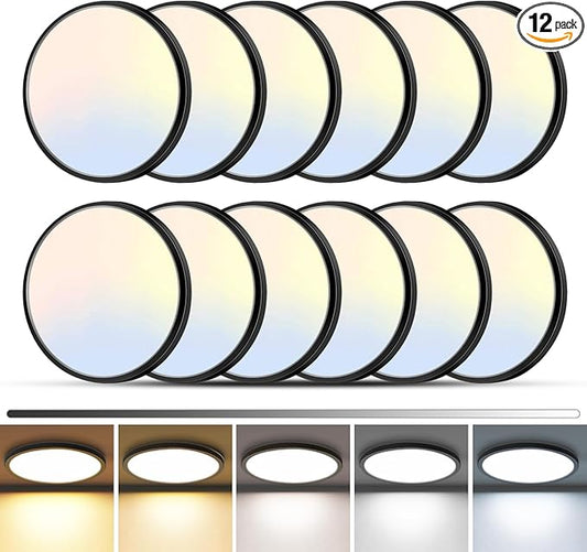 zemty 12Pack LED Flush Mount Ceiling Light, 7Inch 15W Dimmable Ceiling Lights Fixture, 5 Color Temperatures (3000K-6500K) Black Round Ceiling Lamp for Bedroom, Kitchen, Hallway,Bathroom