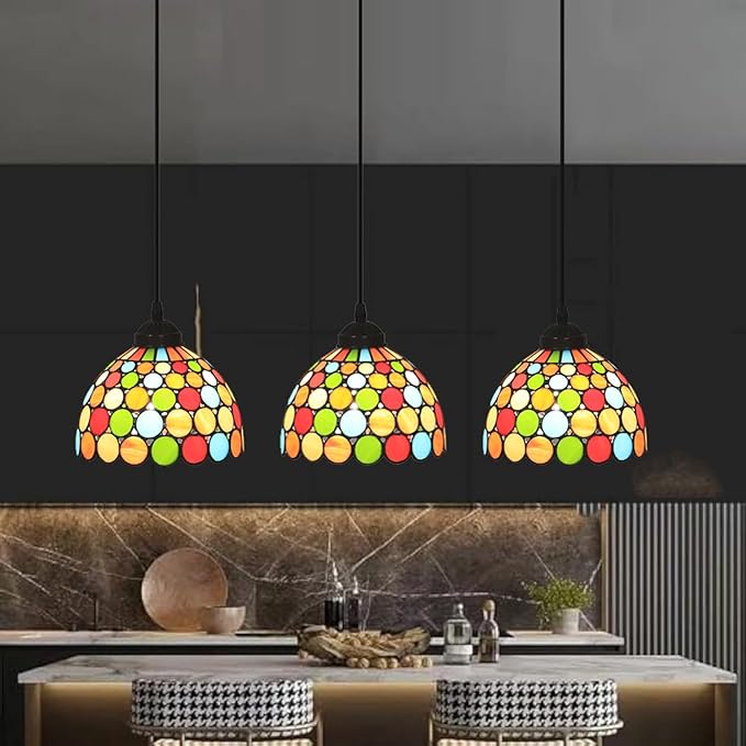 Stained Glass Hanging Lamp, Small Pendant Lights, Height Adjustable Vintage Chandelier Light Fixture, Wide 8 Inch
