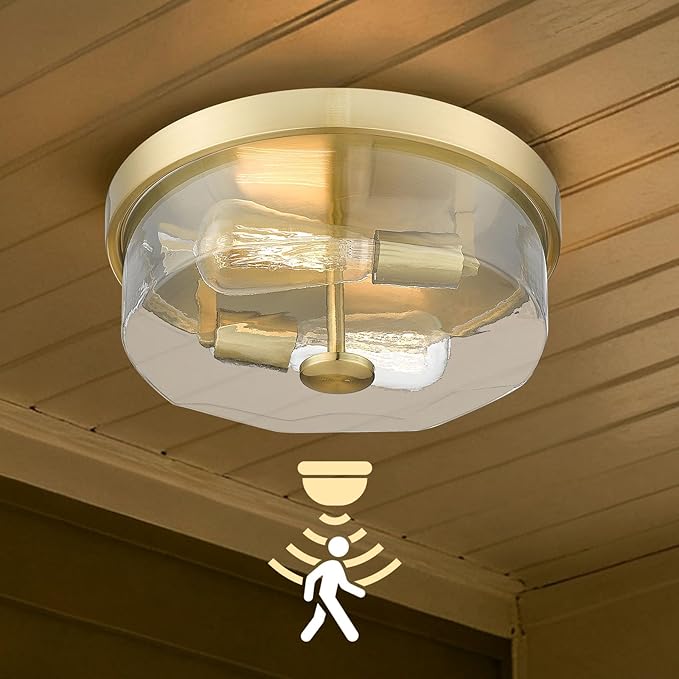 Motion Sensor Ceiling Light Indoor, 2-Light Hallway Lighting Fixtures with Motion Sensor Flush Mount, Modern Farmhouse Ceiling Lamp Clear Glass for Kitchen Porch Entryway Brushed Gold