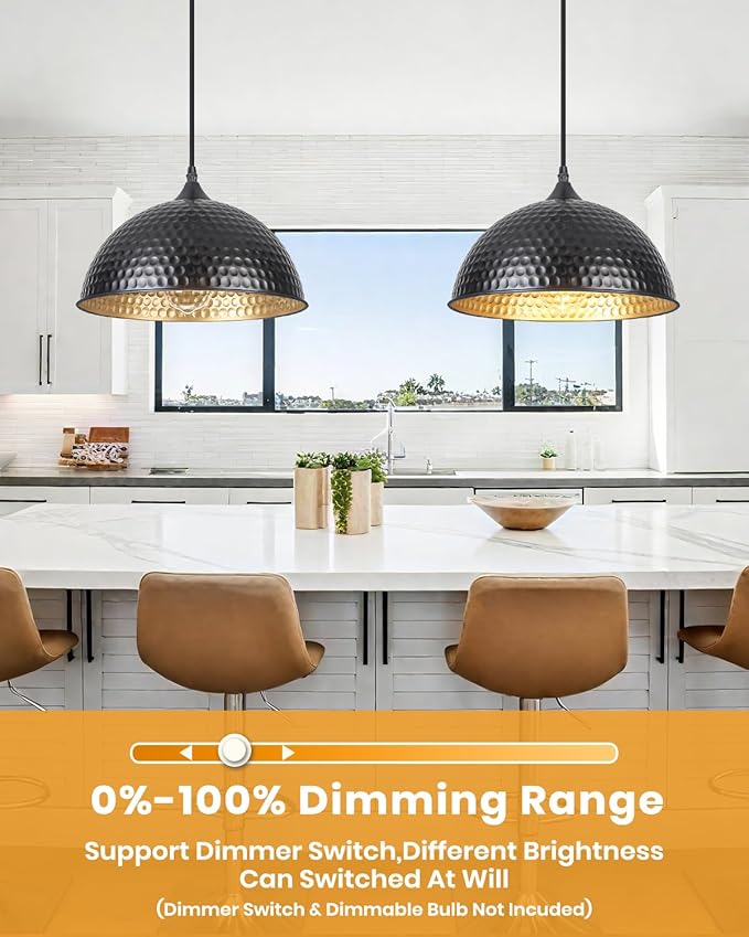Black Pendant Lights Kitchen Island 12 Inch, Vintage Hammered Pendant Light Fixtures Adjustable Height Dome Pendant Light for Dining Room Bedroom Bar