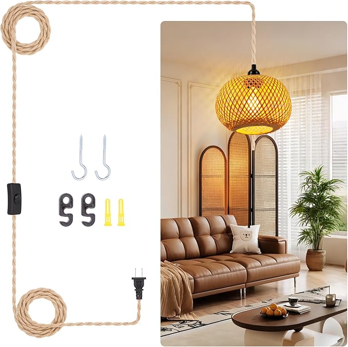 Pendant Light Hanging Lights 15ft Plug in Pendant Light - Hanging Light with On Off Switch Plug in Cord Pendant Light Fixture E26 E27 Light SocketCord for Bedroom Living Room ( 6-Single Layer Shade)