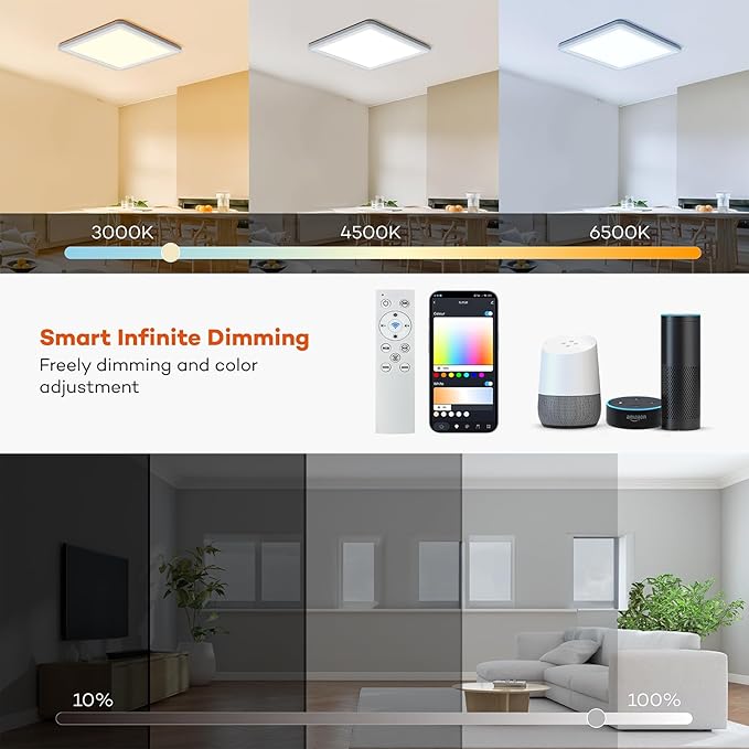 Annaror Smart LED Ceiling Light WiFi, 13in RGB Flush Mount Lighting Fixture with Remote, Compatible with Alexa Google Home, Low Profile Ceiling Light for Bedroom, Kitchen, Square White