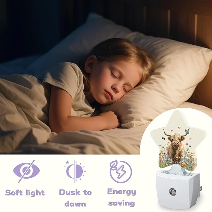 Highland Cow Nightlights Plug in Wall,Flower Butterfly Decorative Star Lamp with Automatic Lighting for Living Space,Gentle Glow for Kids Room,Hallway,Bathroom