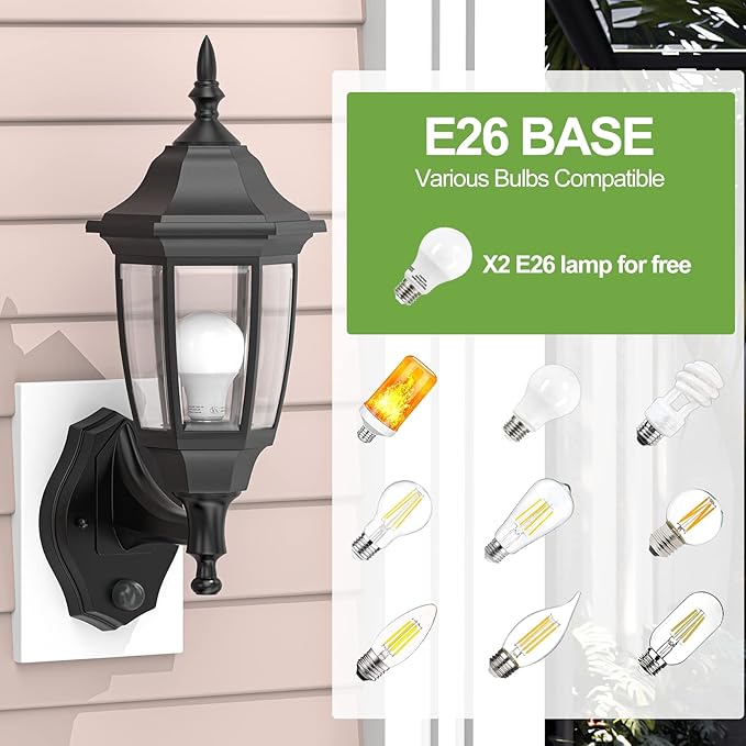EMART Dusk to Dawn Plastic Outdoor Wall Light Fixtures with Bulbs, Waterproof and Anti-Corrosion Porch Sconces, Exterior Lanterns Wall Mount Lamp for Outside, Garage, Front Door, Patio, 2 Pack, Black
