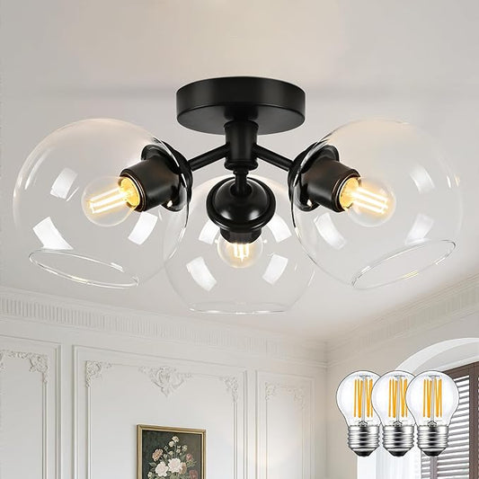 KoKo&Yukina 3-Light Mid Century Modern Black Semi Flush Mount Ceiling Light Globe Sputnik Chandelier Fixture Clear Glass Globe Ceiling Lights for Bedroom Living Room Hallway Entryway Foyer