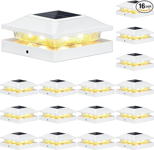 Brightever 4x4 3.5x3.5 Solar Post Cap Lights Outdoor 16-Pack, Solar Fence Post Lights Fit Vinyl/Wood Posts, 2 Modes(Warm/Cool White), Solar Powered Waterproof Deck Post Lights for Patio Porch, White