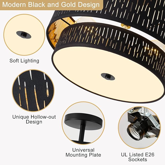 Drum Semi Flush Mount Lighting Fixture, Modern Semi Chandeliers, 2 Tier Fabric Ceiling Light, Black Fabric Shade 3-Light for Kitchen Island Bedroom Hallway Foyer, E26, W16xH12