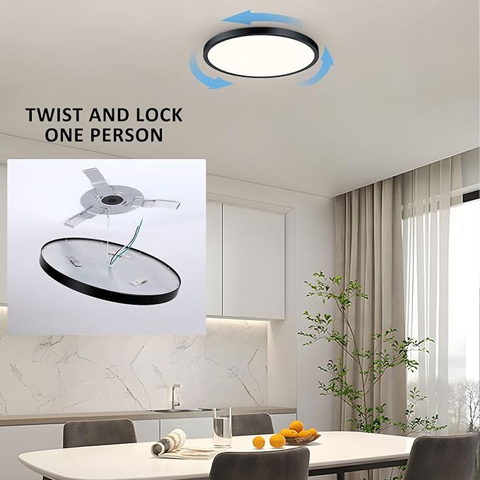 Flush Mount Ceiling Light Fixture, 14 Inch LED Modern Kitchen Light, Slim Dimmable Black Flush Mount Light for Low Ceiling, Laundry, Hallway, Metal and Glass Lighting, 26W, 3000K, 2 Pack