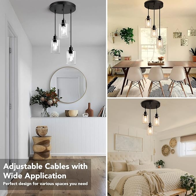 MAXvolador Industrial 3-Light Pendant Light, Adjustable Hanging Light Fixture with Clear Glass Shade, Pendant Lighting E26 Base Ceiling Lamp, Black