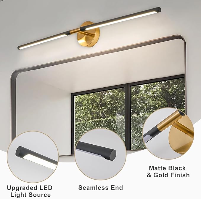 Modern Bathroom Light Fixtures Over Mirror 43 Inch, 33W 360° Rotatable Dimmable 4000K Led Vanity Light Bar, Black and Gold Bathroom Vanity Lights Above Mirror