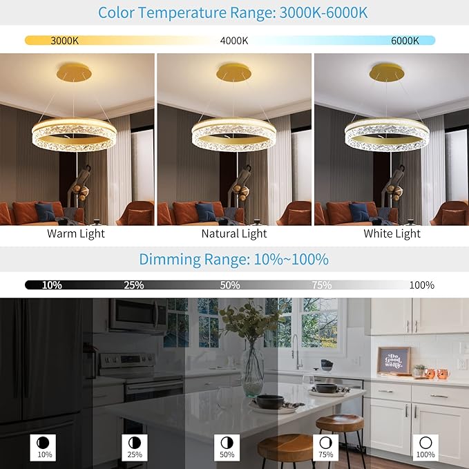 Modern LED Chandelier 1 Ring 19.7in Pendant Lighting for Kitchen Island 50W Dimmable LED Pendant Ceiling Light Gold Hanging Light with Remote for Kitchen Dining Room Bedroom Living Room