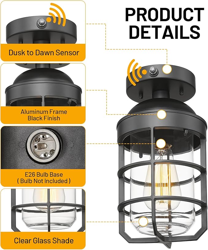 Outdoor Ceiling Lights for Porch with Dusk to Dawn Sensor, Black Outdoor Semi Flush Mount Ceiling Light Fixture with Clear Glass for Front Porch Entryway Patio
