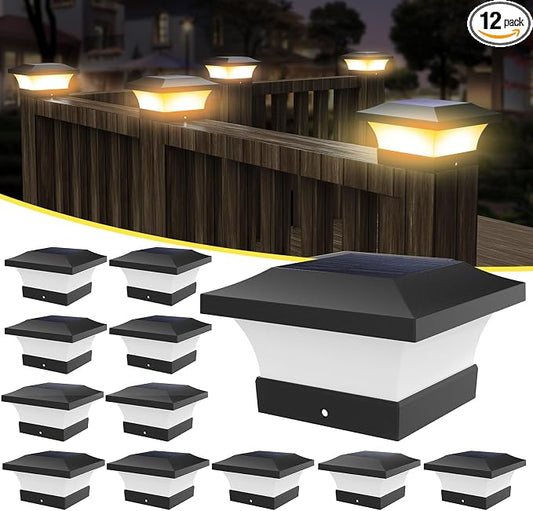 T-SUN 4X4 Solar Post Cap Lights, Warm White LED Fence Post Solar Lights, Outdoor Waterproof Post Lights for Wood & Vinyl Fence Posts, Deck, Patio Railing, Porch, Black-12 Pack