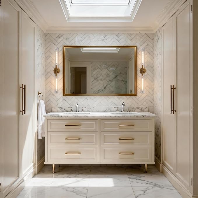 Bathroom Sconces Set of Two, 30 inch Wall Sconce Knurled Bathroom Wall Sconces with Tube Glass,Gold Sconces Wall Lighting Vanity Sconce for Bedroom,Living Room,Hallway, Staircase(E26 Bulb Include)