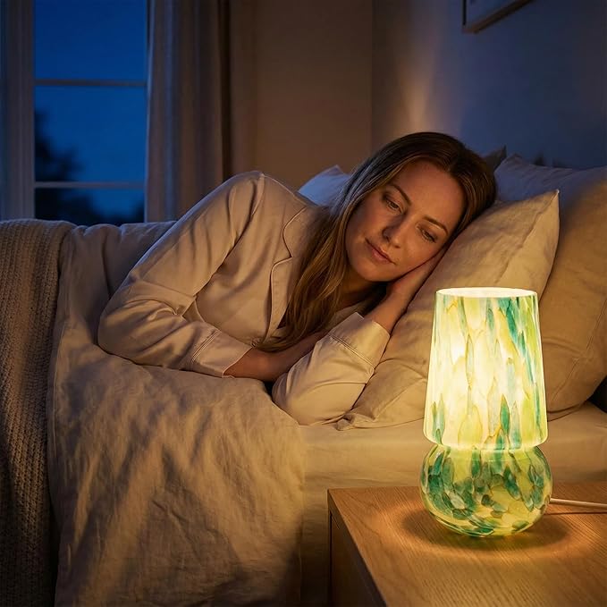 9.8 Inch Mushroom Table Lamp, UL Listed Dimmable Small Desk Bedside Lamp with Woven Beige Cord, Handcrafted Pattern, Murano Home Decor for Bedroom, Living Room, Emerald Teal, No Bulb Included
