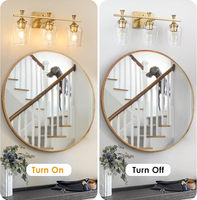 3 Light Bathroom Vanity Light - Gold Bathroom Lighting Fixtures Over Mirror, Modern Wall Sconces with Transparent Glass Lampshade for Bedroom Living Room Kitchen Cabinet Stair Hallway