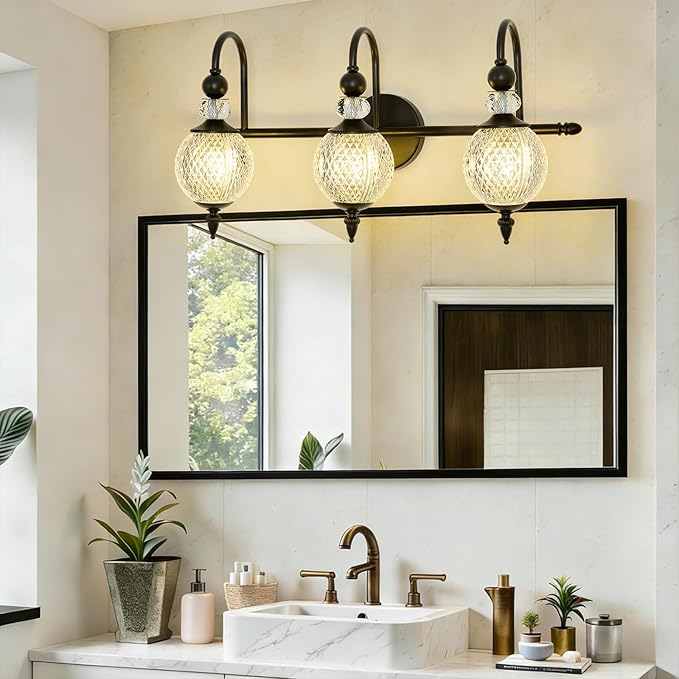 Vintage Vanity Light 3 Lights Black Bathroom Light Fixtures Over Mirror with Acrylic Globe Shade