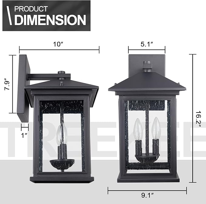 Treekee Outdoor Wall Light Fixtures, 16 Inch Waterproof Square Lanterns, 2-Light Exterior Porch Sconces Lighting with Seeded Glass Shade, Modern Black Lamps for Patio Front Door Entryway