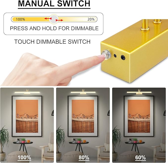 Picture Light, Cordless Picture Lights for Wall with Timer and Dimmable, 16 Inch Metal Battery Operated Wall Lights with 5000mAh Battery for Display Gallery Painting Art Frame Portrait - Gold