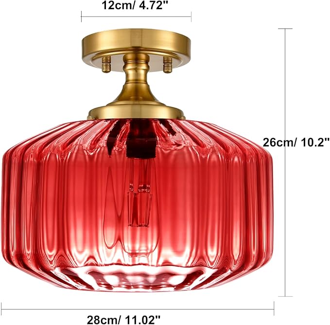 Gold Bathroom Ceiling Light Fixtures Vintage Ribbed Glass Overhead Light Flush Mount Ceiling Light 1-Light Red Chandelier Kitchen Light for Laundry Room Foyer Closet
