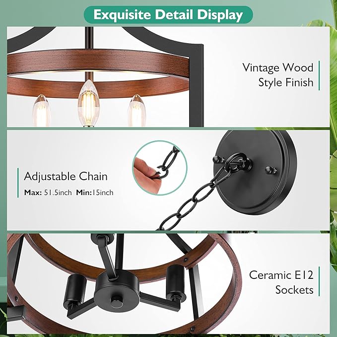 3-Light Farmhouse Chandelier, 14.5” Pendant Hanging Lighting Adjustable Height, Convertible Vintage Semi Flush Mount Ceiling Light Fixture, Rustic Chandeliers for Dining Room Foyer Entryway Kitchen