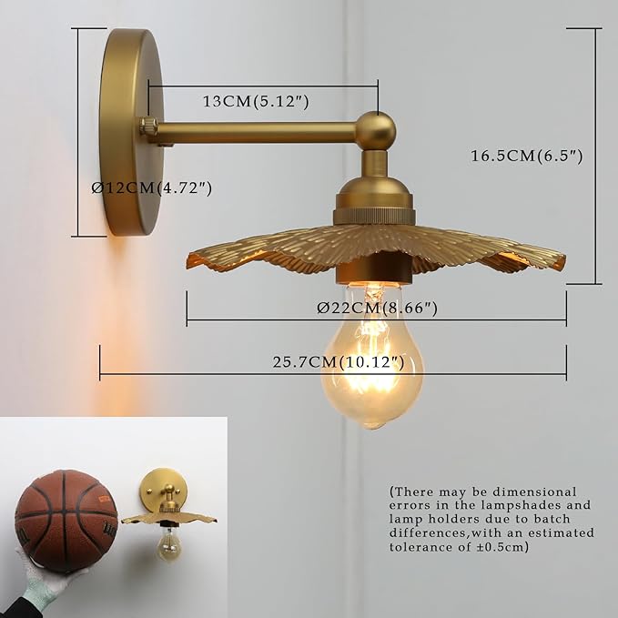 Phansthy Hardwired Wall Lighting, Barn Wall Sconces Antique Brass Indoor Wall Lights with Hammered Metal Lotus Leaf Texture Shade, Vanity Wall Lamp for Bathroom Bedroom Kitchen (One-Light 2 Pack)