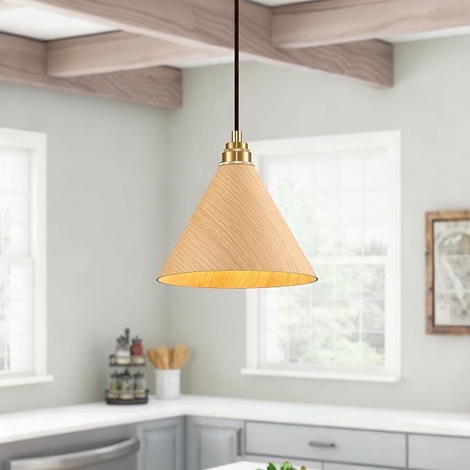 1 Pack Wood Pendant Lights Kitchen Island, 8.3” Small Pendant Light, Adjustable Gold Height Kitchen Hanging Light, Nordic Island Lights for Dining Room, Bedroom, Hallway, Bar(Natural Wood)