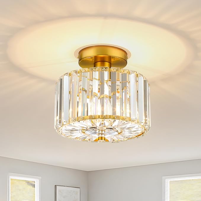 Small Crystal Ceiling Light, Modern Mini Flush Mount Crystal Chandelier, Gold Small Chandelier Light Fixture, Entryway Lighting Fixture for Kitchen Hallway Laundry Room, 1-Light, SF004-1-G
