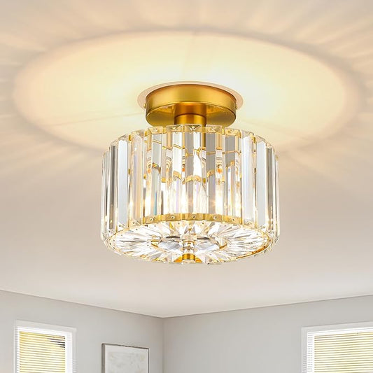 Small Crystal Ceiling Light, Modern Mini Flush Mount Crystal Chandelier, Gold Small Chandelier Light Fixture, Entryway Lighting Fixture for Kitchen Hallway Laundry Room, 1-Light, SF004-1-G