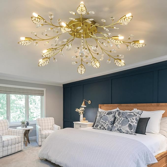 Crystal Flush Mount Ceiling Light,Semi Flush Mount Chandeliers,Crystal Leaf Ceiling Light, Chandeliers for Dining Room,Living Room,Bedroom