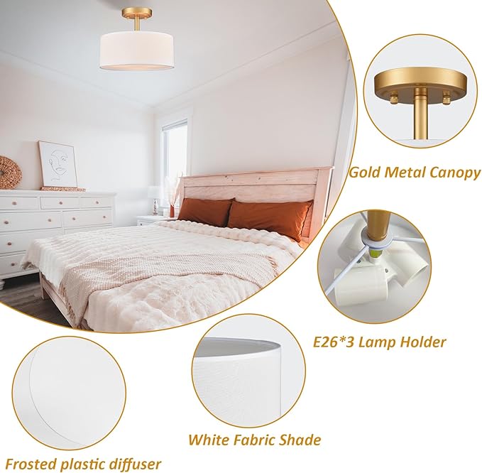 Modern Light Fixture Ceiling Mount Flush Mount Drum Ceiling Light Fixture 3 Light Gold Semi Flush Mount Ceiling Light for Hallway Bedroom Entryway Foyer Office