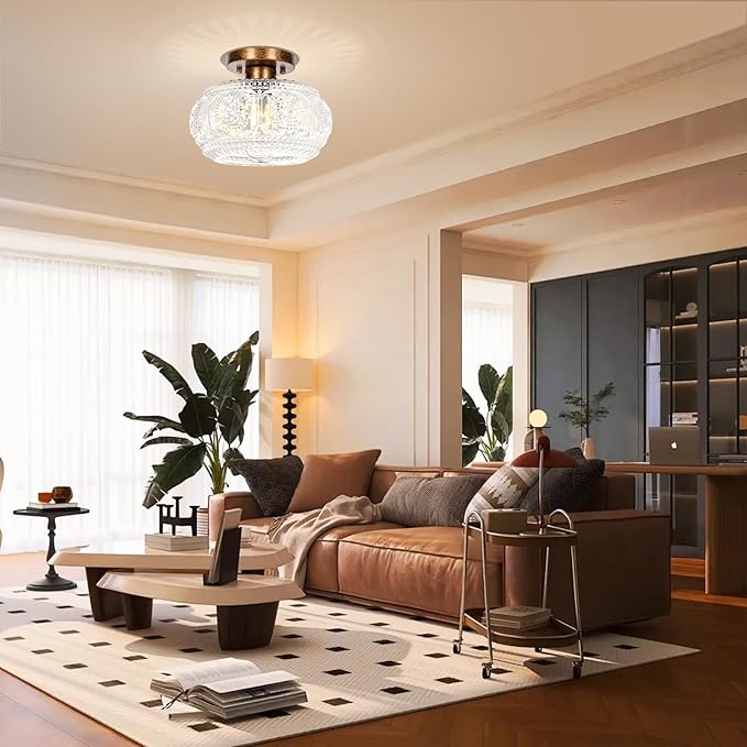 Semi Flush Mount Ceiling Light, Globe Glass Ceiling Light Fixture, Antique Bronze Modern Lighting for Hallway Bedroom Entryway Kitchen Porch, Bulb Not Included