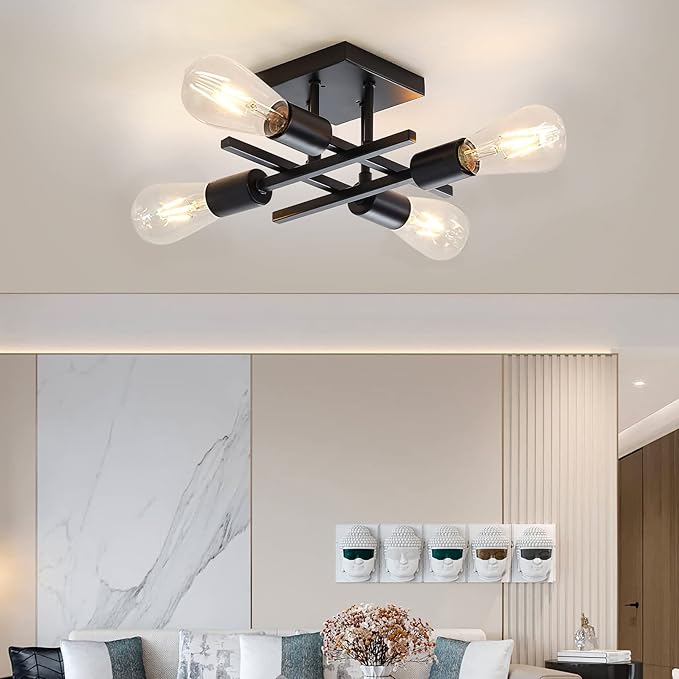 Industrial 4-Light Semi Flush Mount Ceiling Light Fixture, Farmhouse Black Chandelier Lighting, Modern E26 Base Sputnik Ceiling Lamp for Kitchen Bedroom Living Room Hallway Entryway