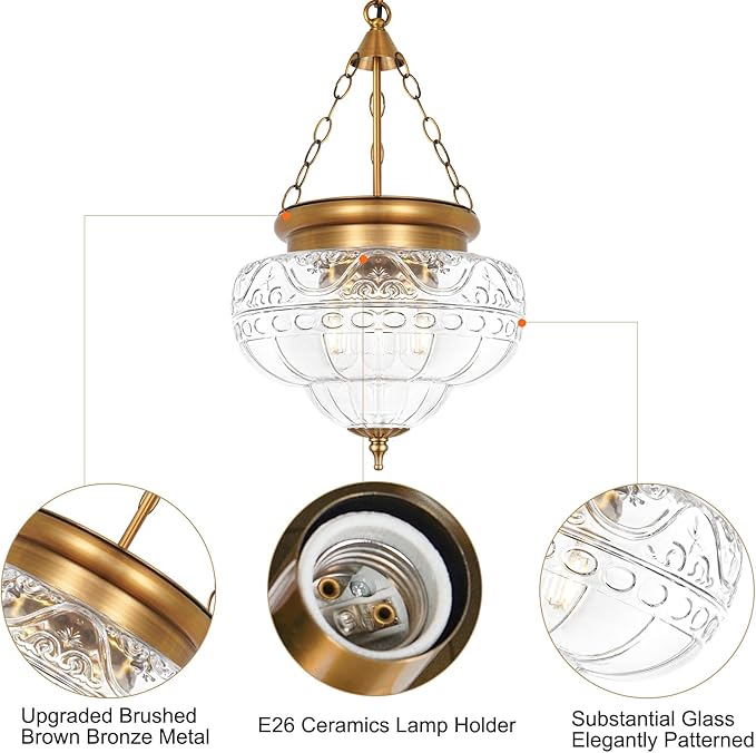 3-Light Brown Bronze Pendant Lights with 12In Floral Glass, Penant Lighting Fixtures with Adjustable Chain, Vintage Pendant Lights Kitchen Island, Hanging Light Fixtures for Dining Room, Entryway, E26