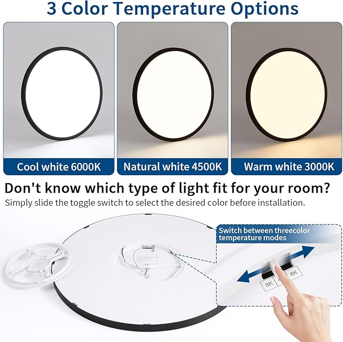 Modern 12'' Led Ceiling Light Fixture, Ultra Thin Flush Mount, Dimmable & 3000K/4500K/6000K Selectable, 22W 2200LM, Black, for Bedroom, Kitchen, Dining Room, Living Room, Home Office, Hallway
