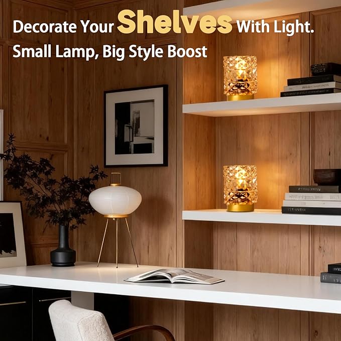 Battery Operated Lamp with Timer, Cordless Table Lamps for Shelf Decor, Rhombus Texture Aesthetic Crystal Lamp, Small Decorative Lamps for Bedroom/Bathroom/Kitchen/Entryway/Dorm (2 Pack Yellow)
