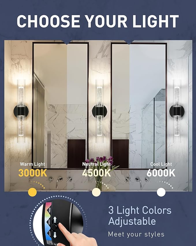kudos Black Bathroom Sconces Wall Lighting, LED Wall Lights with Crystal Bubble and Clear Glass, 3000K/4500K/6000K Adjustable, KDVL05-BK-2