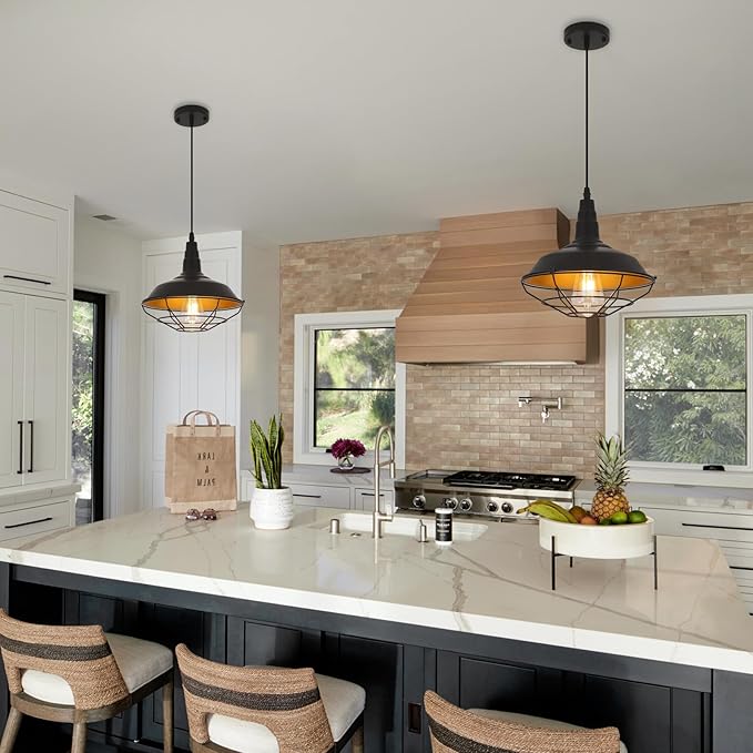 Farmhouse Pendant Light 2 Pack, 10.2" Black Pendant Lights Kitchen Island, Industrial Vintage Light Fixtures Metal Wire Cage Pendant Lighting, Island Lights for Kitchen Dining Room